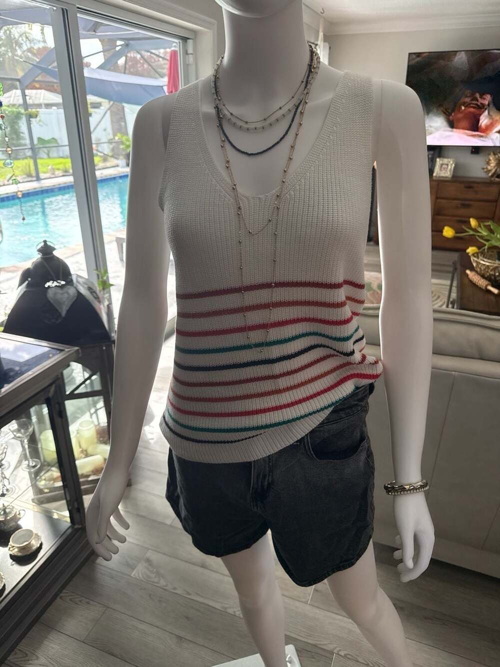 White V-Neck Striped Knit Sweater Tank Top